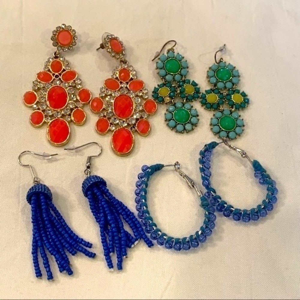 4 pair bling bright seed bead tassel large colorful bold statement earrings